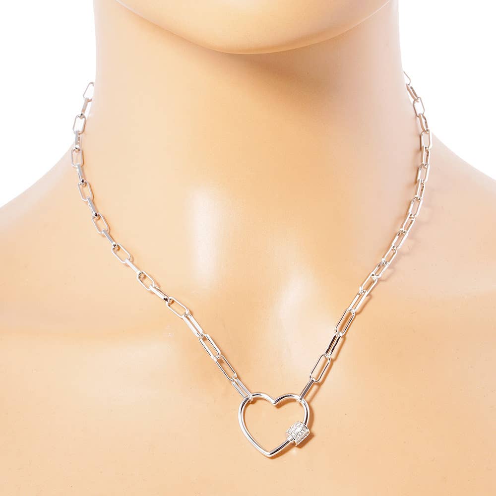 Gold Dipped CZ Open Heart Carabiner Pendant Chain Necklace: Yellow Gold