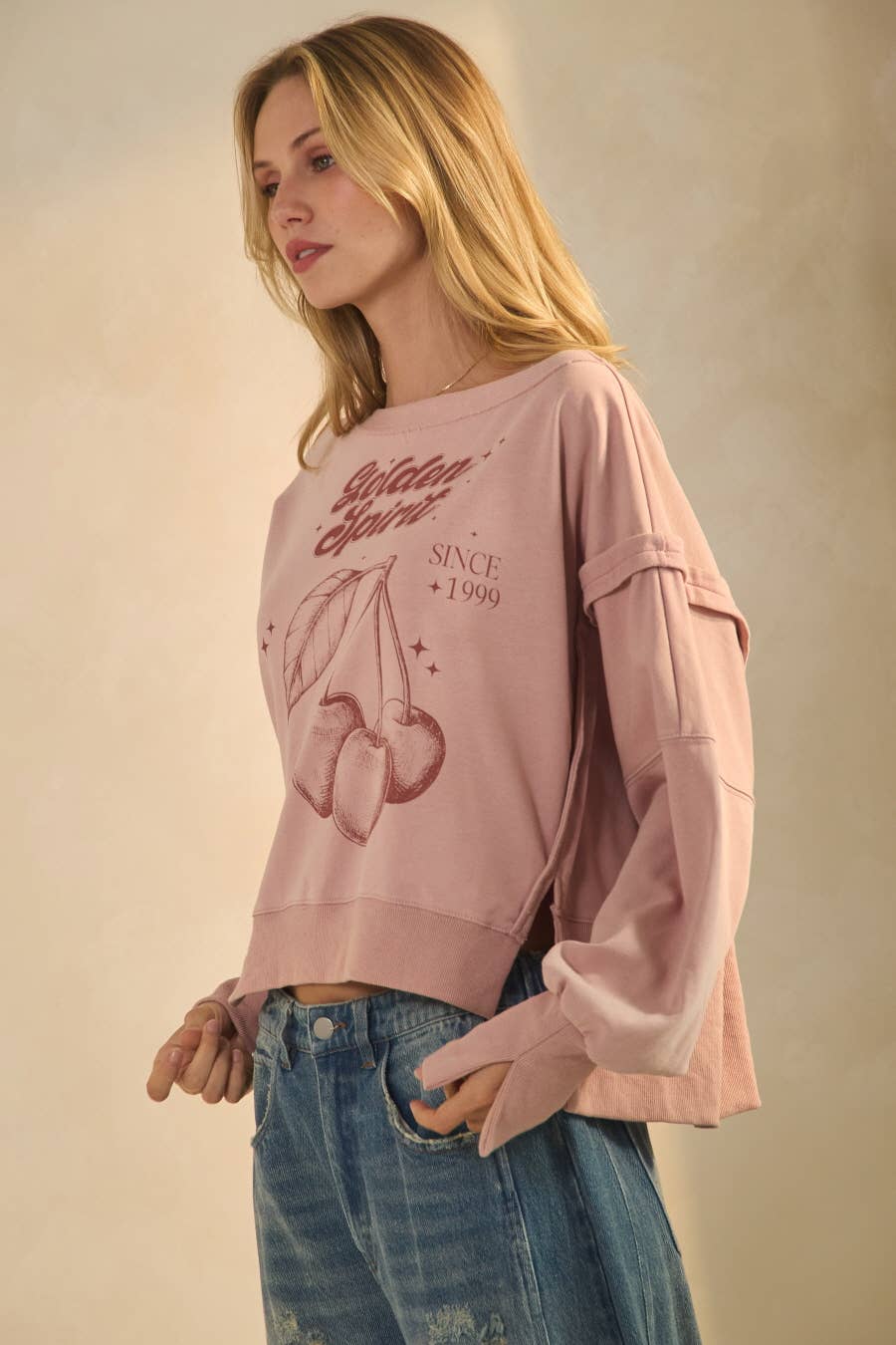 Acid Washed French Terry Cropped Sweatshirt: Washed Blush / L