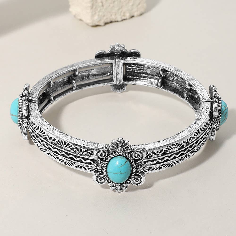 Western Oval Turquoise Stone Antique Metal Stretch Bracelet
