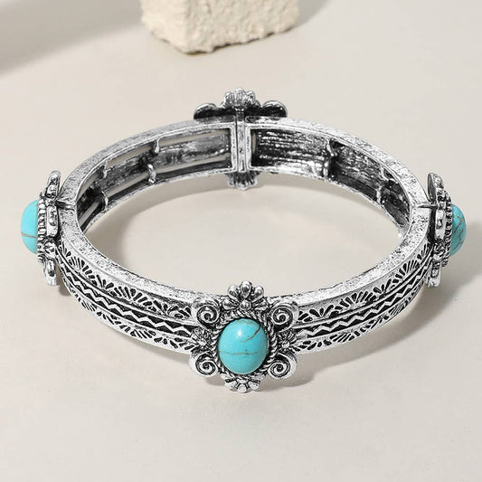 Western Oval Turquoise Stone Antique Metal Stretch Bracelet