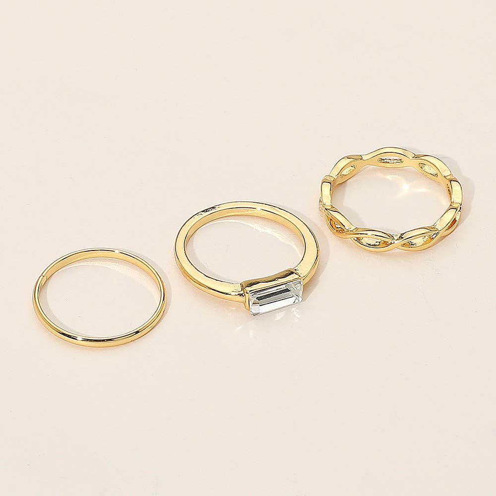 SECRET BOX_3PCS Genuine Gold Dipped Baguette Stone Accent Stackable Fashion Ring Set: Silver