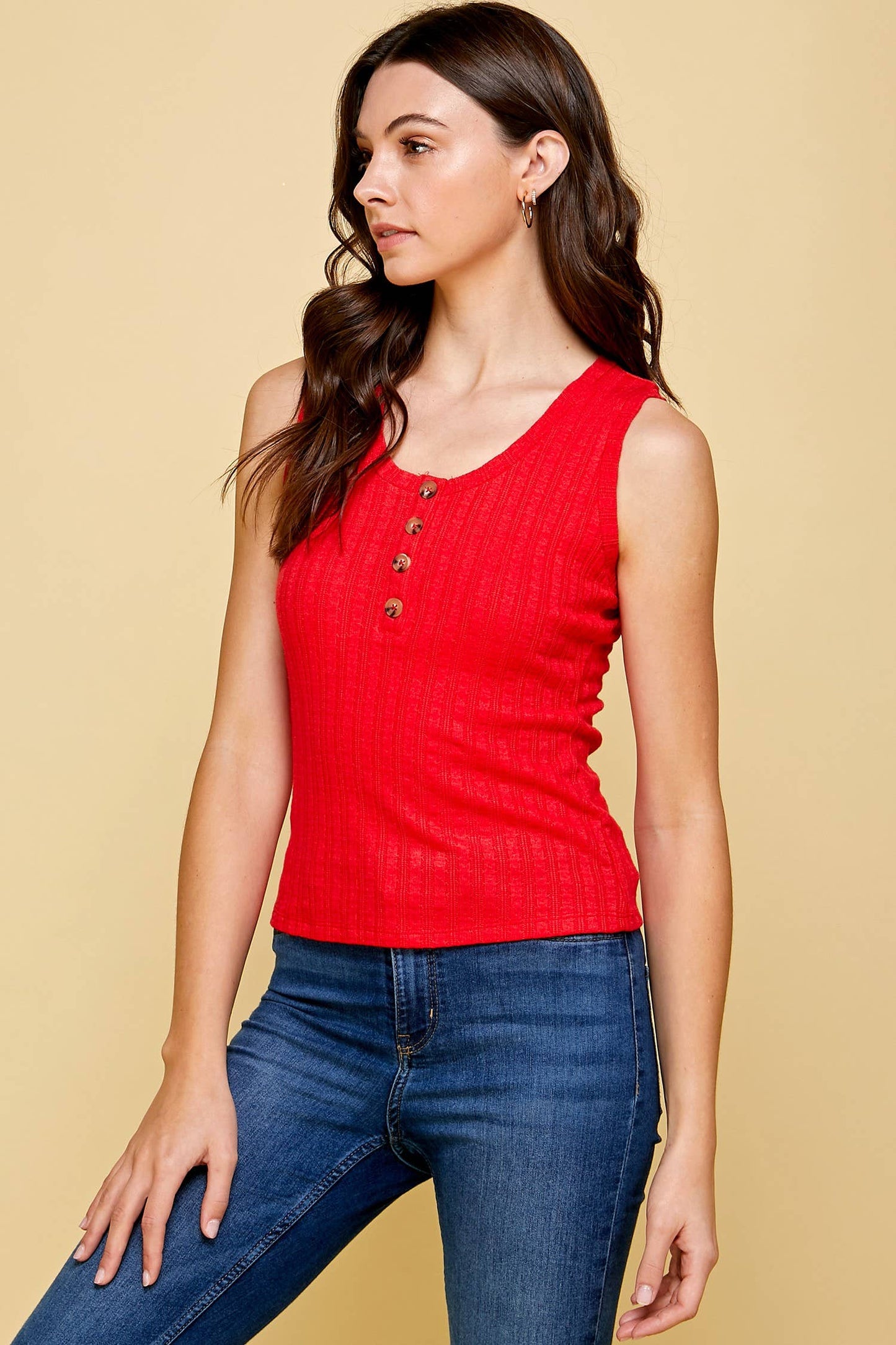 MIXED KNIT TANK TOP WITH BUTTON CLOSURE DETAIL