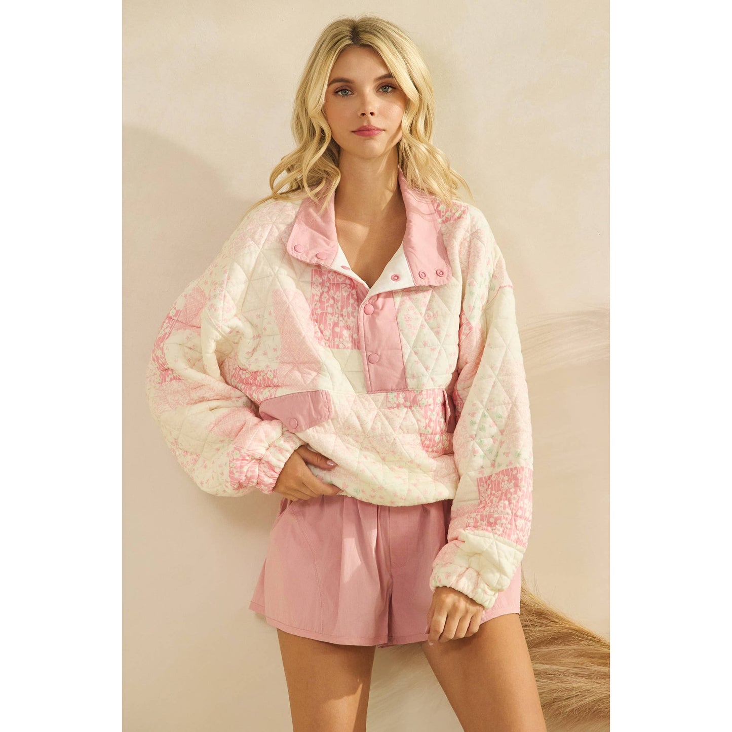 Textured Contrast printed Quarterzip Sweater: Pink Combo / M