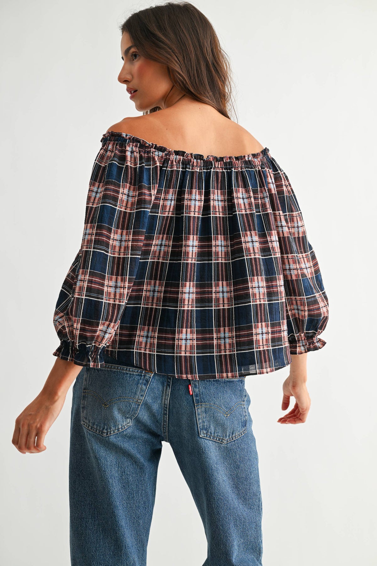 CET26536A Plaid Off-Shoulder Tie Top