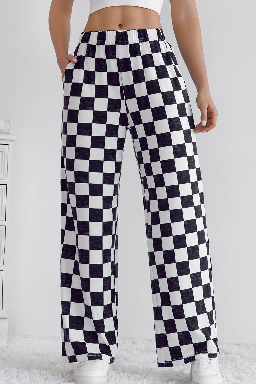 LA SOCIETY Checkered Print High Waist Wide Leg Pants Bottoms