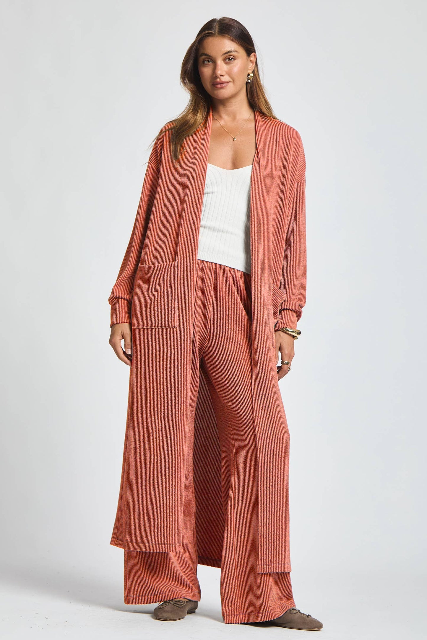 Longline Cardigan + Relaxed Pants 2 Piece: RED / S