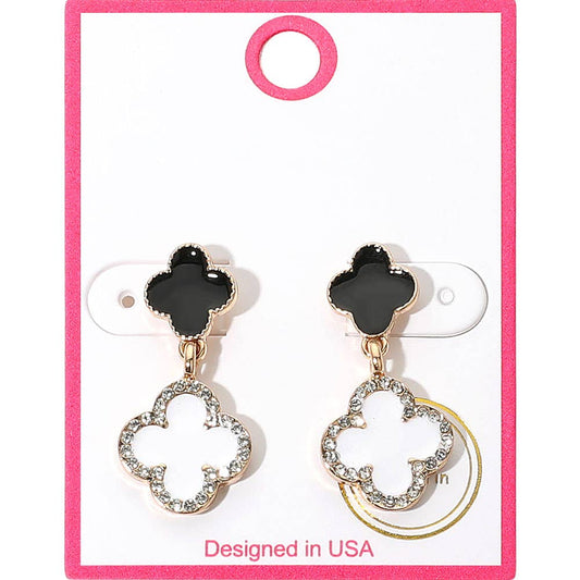 Rhinestone Accented Quatrefoil Drop Earrings: Black,Gold,White