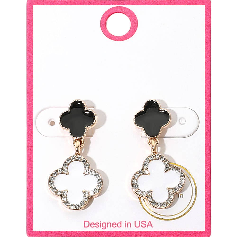 Rhinestone Accented Quatrefoil Drop Earrings: Black,Rhodium,White