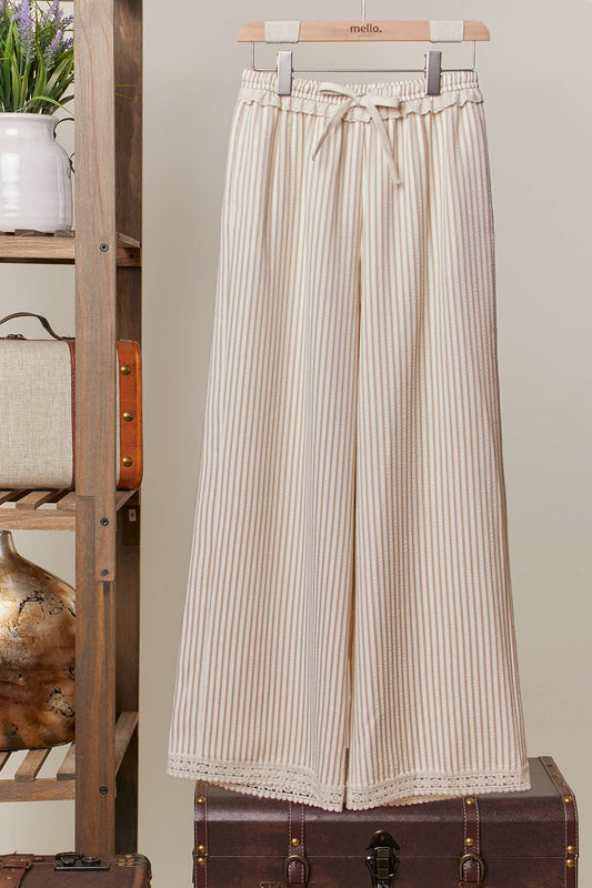 Striped Wide-Leg Pants with Lace Hem: Beige / S