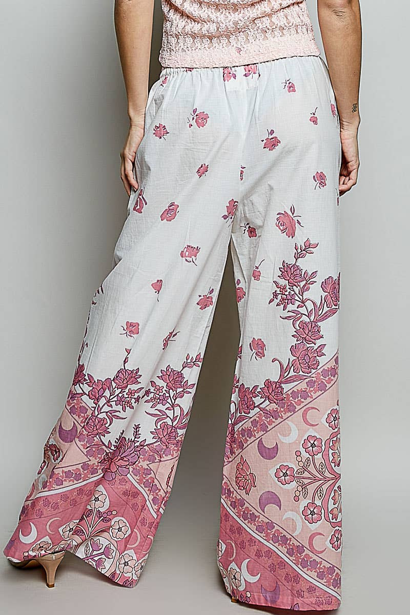 Floral Stripe Block Print Elastic Waist Wide Leg Pants
