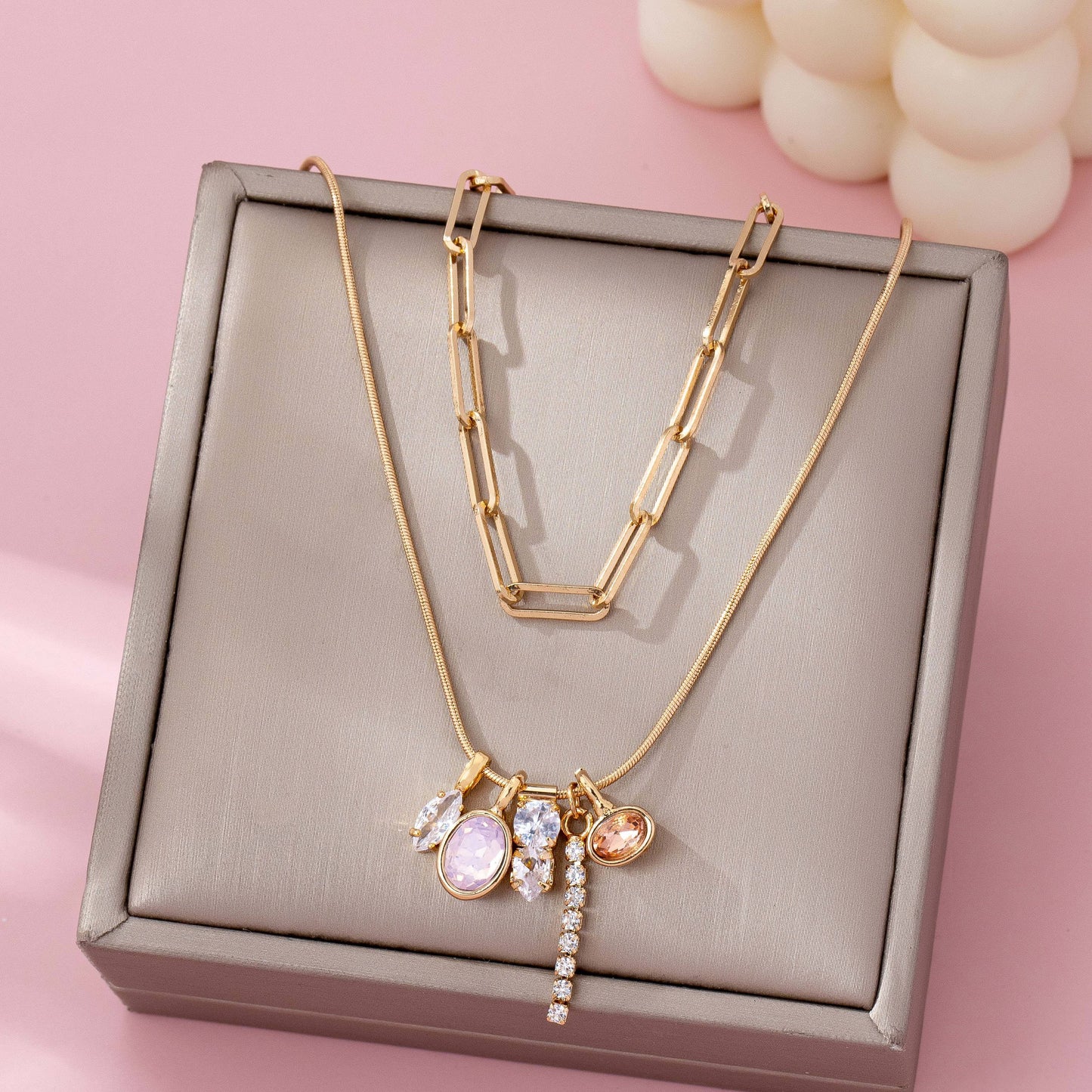 Crystal Cluster Charm Double-Layer Necklace | 80N92679