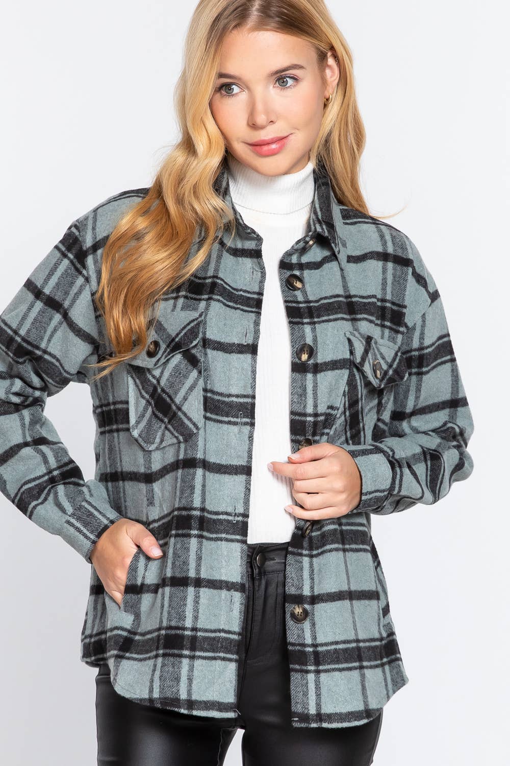 Long Sleeve Wool Blend Plaid Button Down Casual Jacket