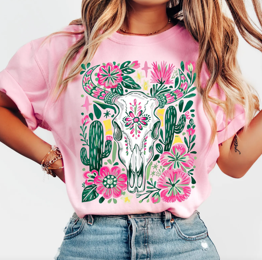 Western Floral Cow Skull Comfort Color Tee