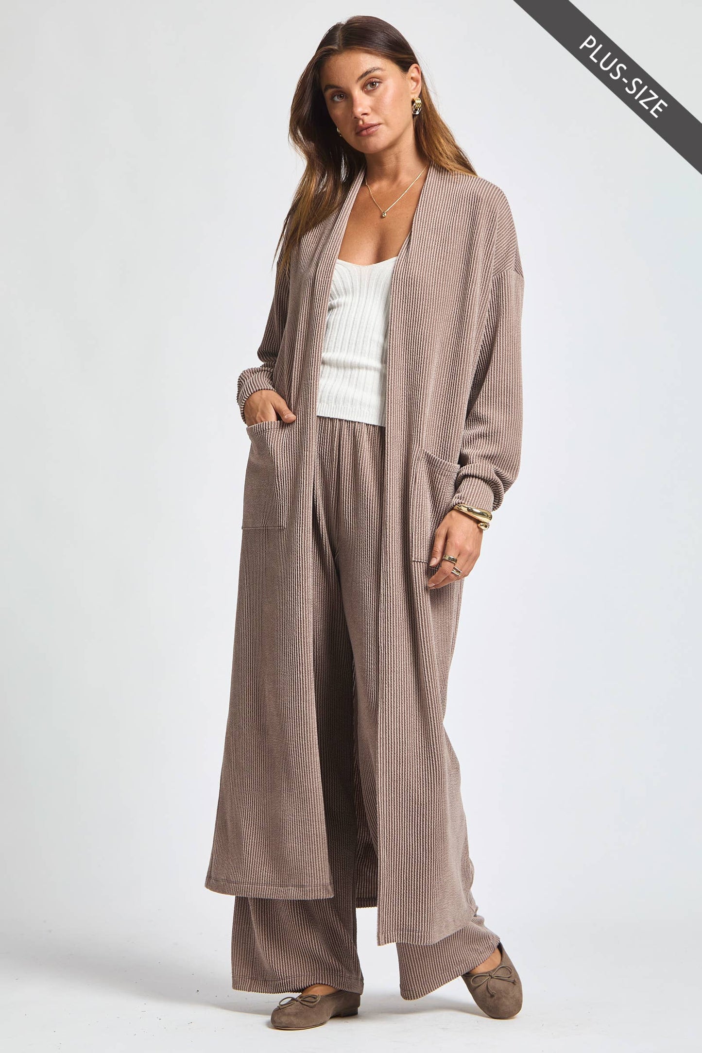 PLUS SIZE Longline Cardigan + Relaxed Pants 2 Piece Set: RED / XL