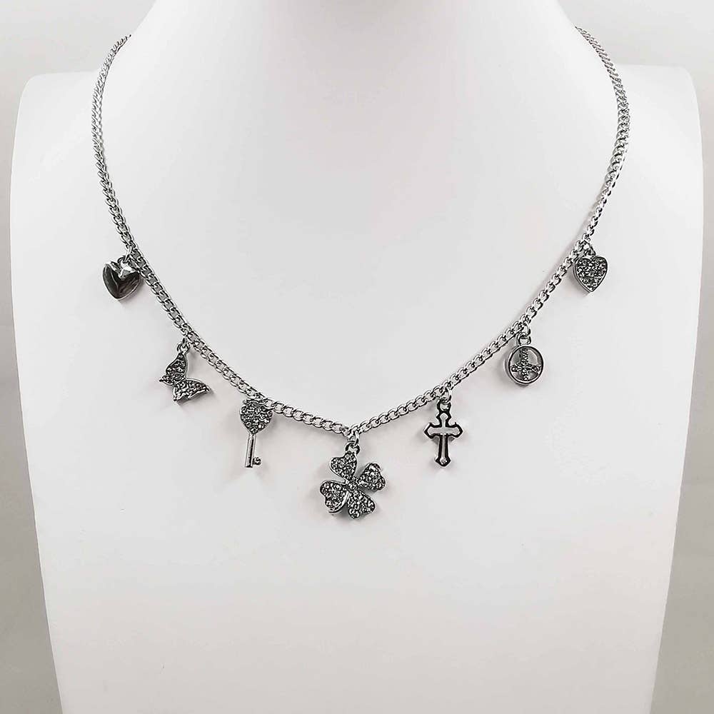 Gold Dipped Clover Heart Cross Key Charm Station Necklace: Clear,Rhodium