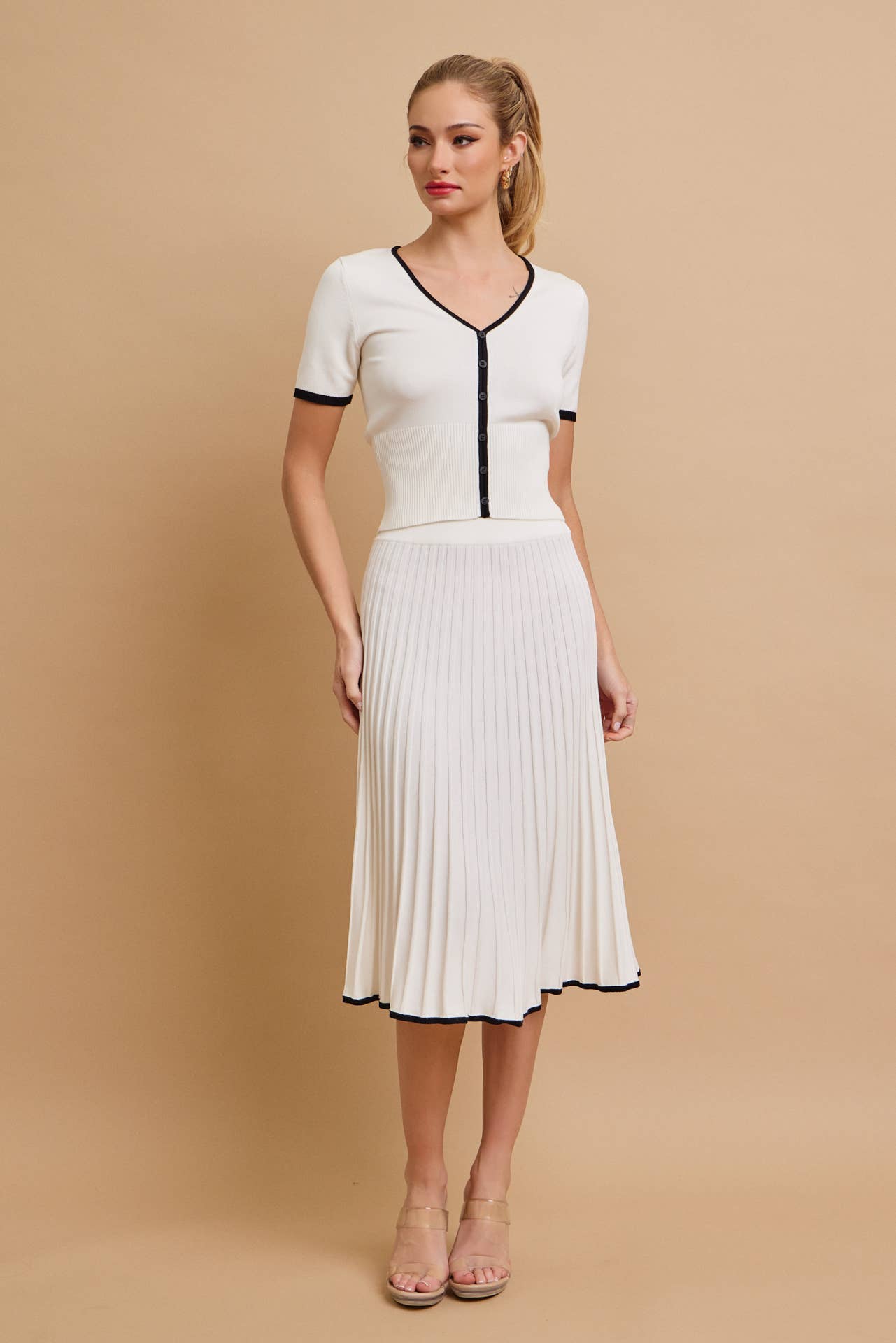 2A. Evadne Short Sleeve Top With Flare Skirt Set