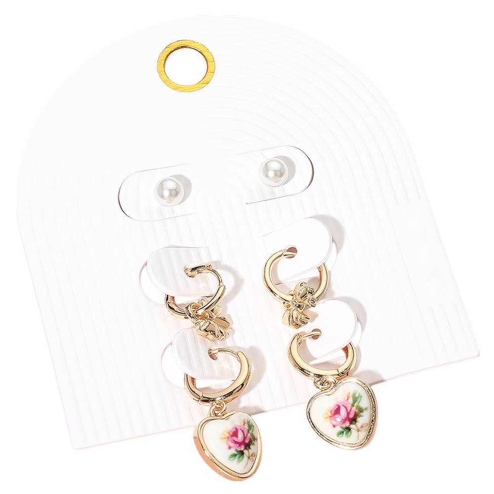 3Pairs - Pearl Stud Metal Bow Dangle Floral Ceramic Heart Dangle Earring Set: Gold,Pink
