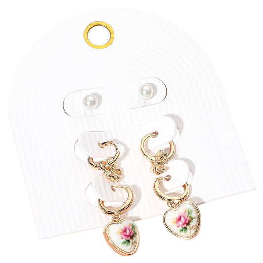 3Pairs - Pearl Stud Metal Bow Dangle Floral Ceramic Heart Dangle Earring Set: Gold,Pink