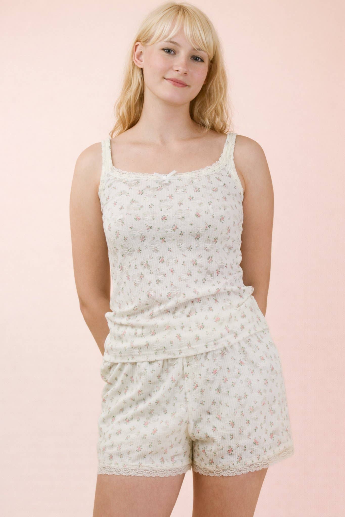 Floral Printed Lace Trim Knit Top & Shorts Set