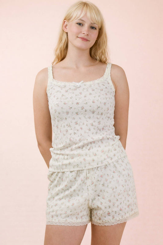 Floral Printed Lace Trim Knit Top & Shorts Set