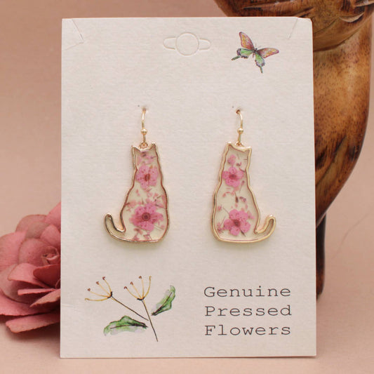 Feline Friend Cat Dried Flower Earrings