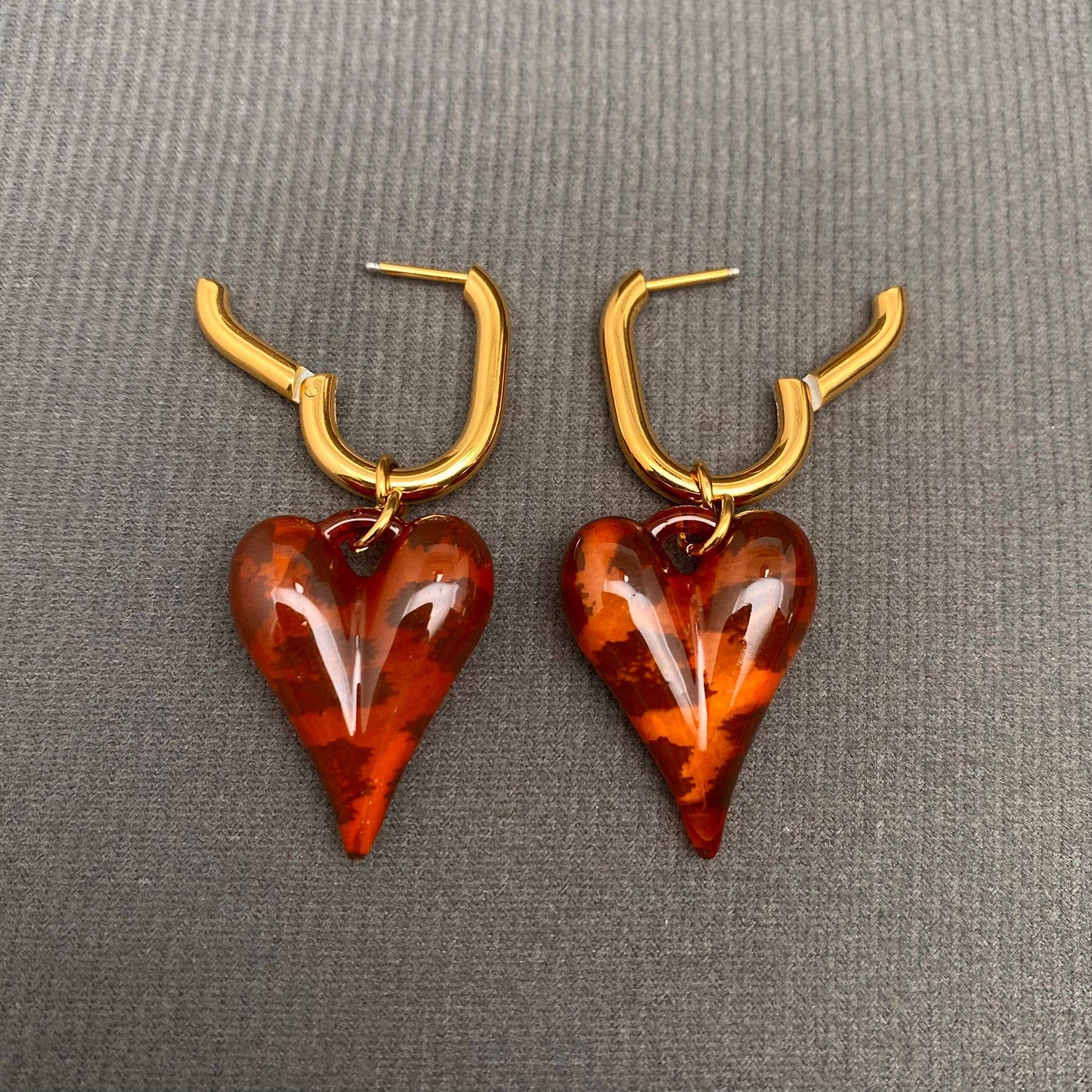 Acrylic Leopard Heart 18K Gold Plated SS Huggie Earrings - FGS