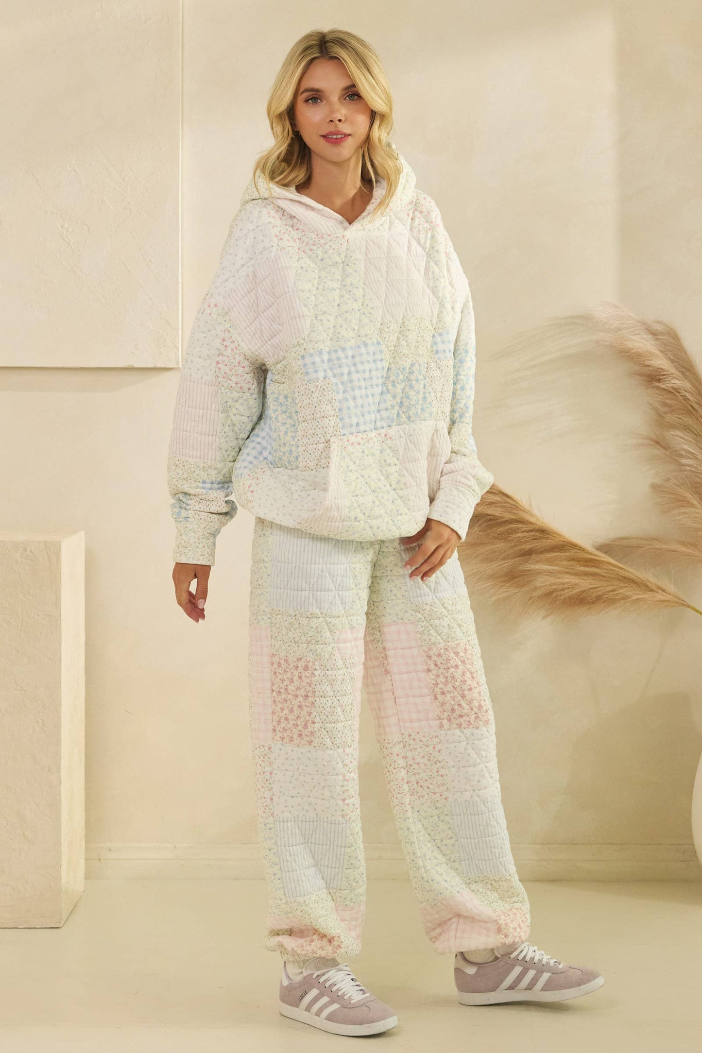 Floral textured oversized Hoodie : Pastel combo / M