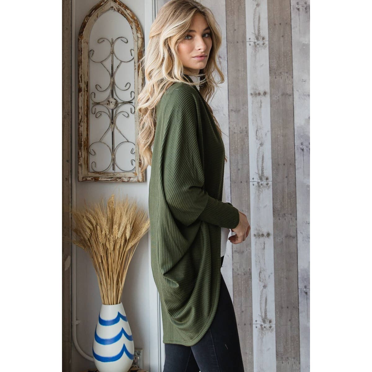 J70802 - Urban Knit Shawl Open Front Cardigan: Olive / L