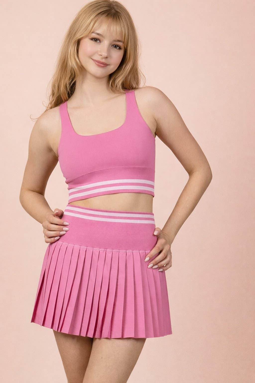 4A. Striped Band Detail Activewear Top & Skirt Set
