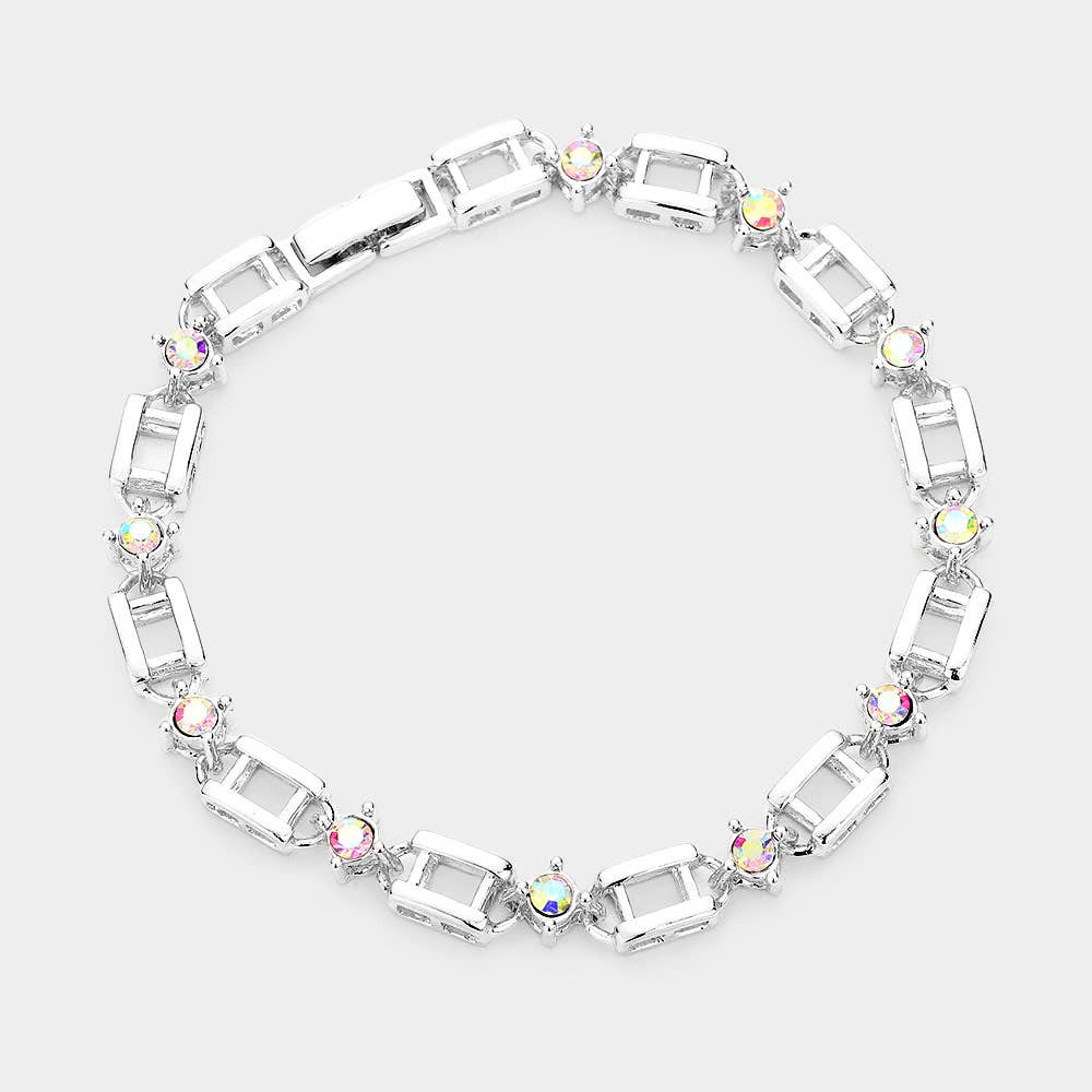 Stone Embellished Open Metal Rectangle Link Evening Bracelet