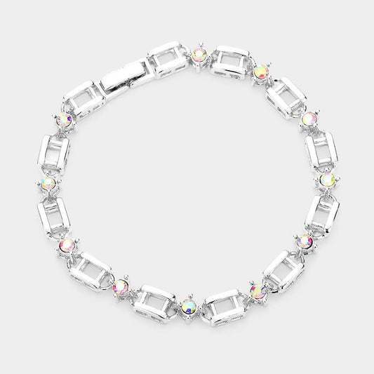 Stone Embellished Open Metal Rectangle Link Evening Bracelet