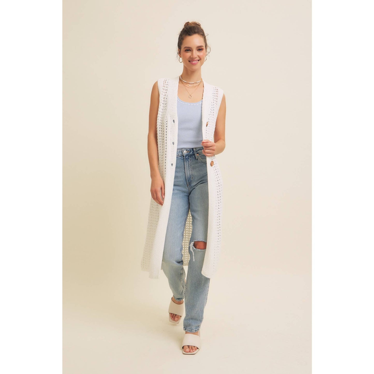 BUTTON-DOWN OPEN KNIT SLEEVELESS MIDI SWEATER CARDIGAN