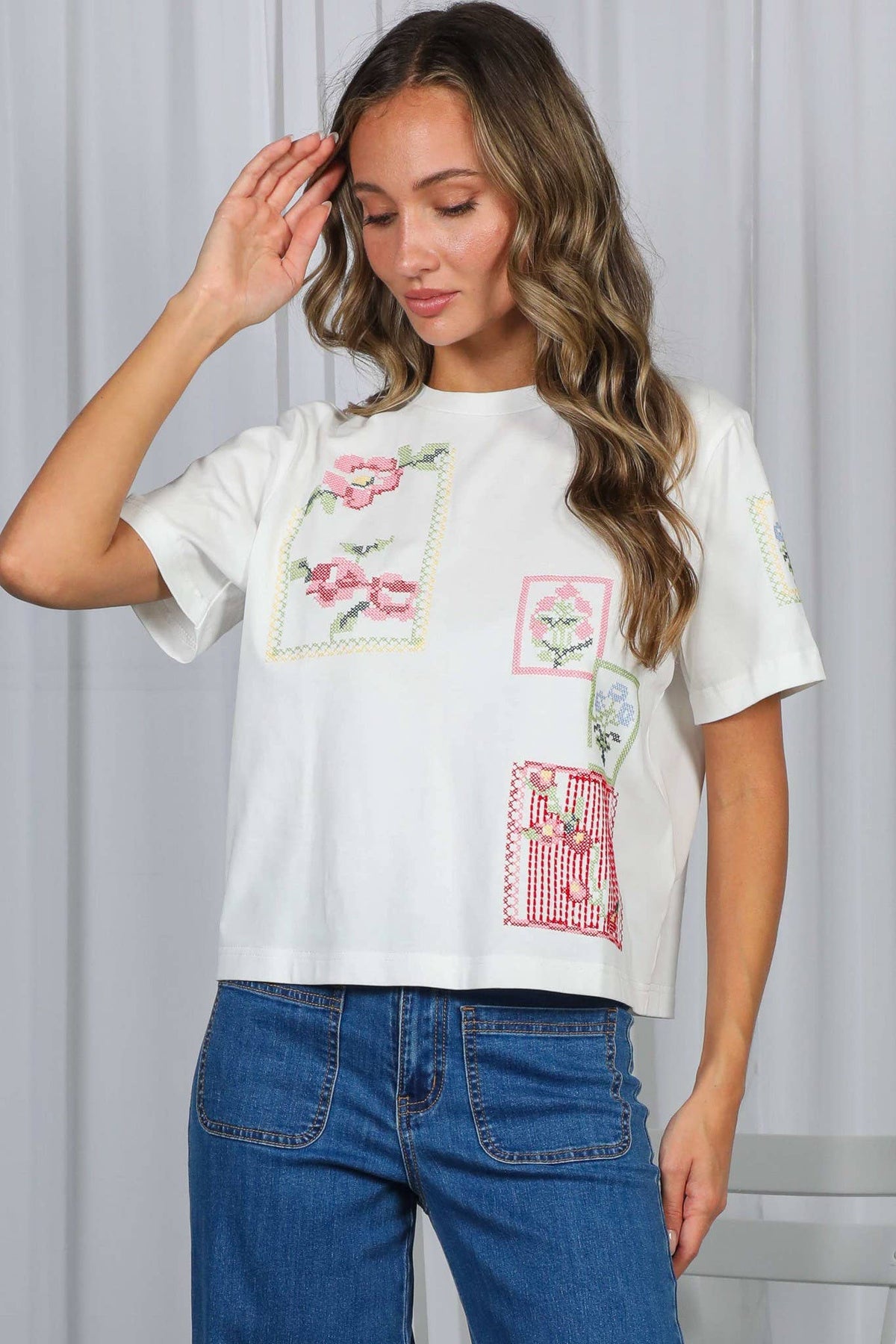 Vine & Love Cross-Stitch Embroidered 100%Cotton Top