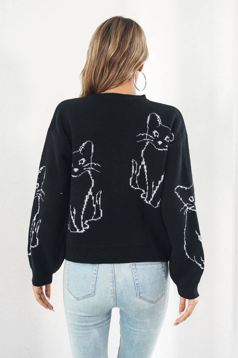 CWOSWL3840_CAT JACQUARD LONG-SLEEVED PULLOVER SWEATER
