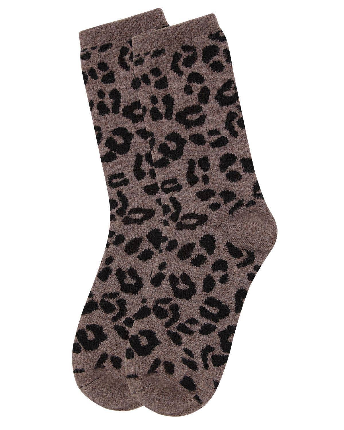 MeMoi Leopard Animal Print Cashmere Blend Crew Socks: Hemp Heather / 9-11