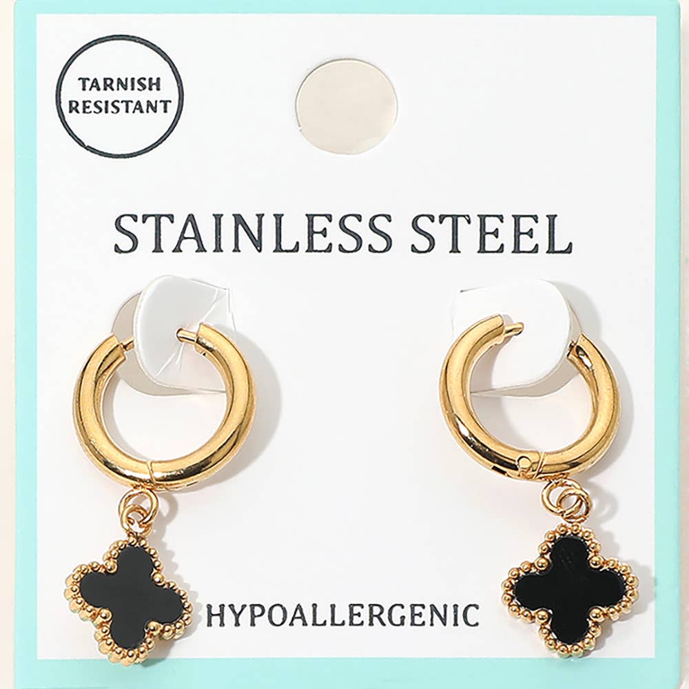 J11. Stainless Steel Quatrefoil Charm Drop Dangle Huggie Hoop Earrings