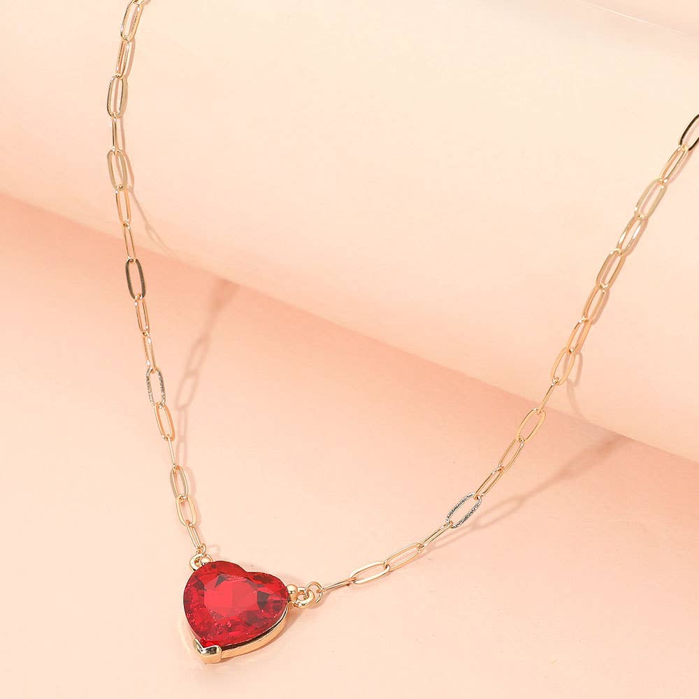 J38. Heart Stone Pendant Paperclip Chain Necklace