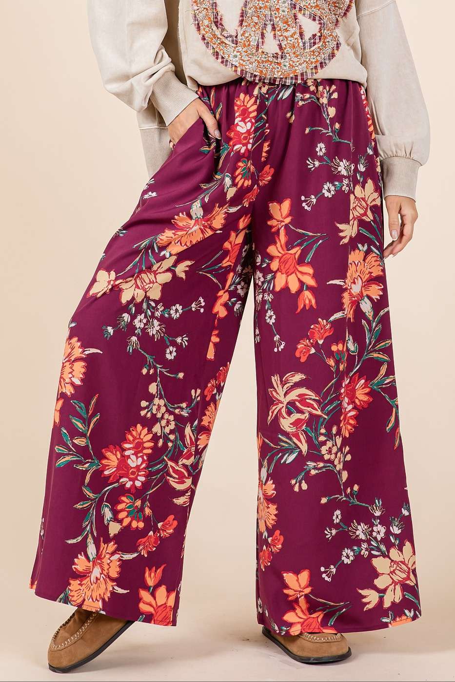 FLOWER PRINT ELASTIC WAIST MID RISE WIDE LEG PANTS