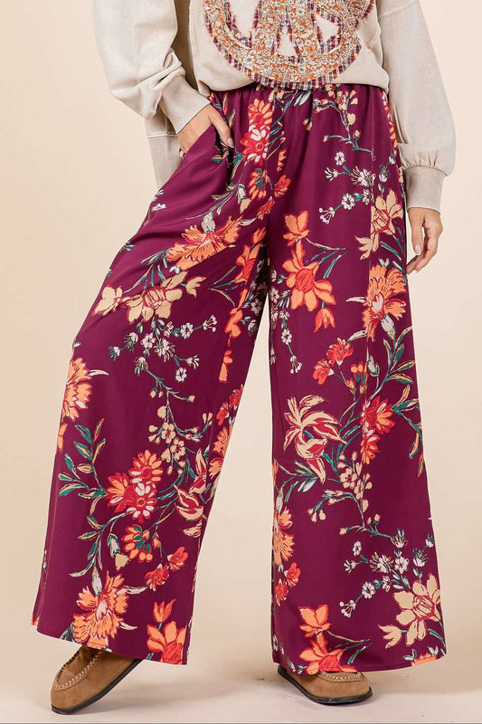 FLOWER PRINT ELASTIC WAIST MID RISE WIDE LEG PANTS