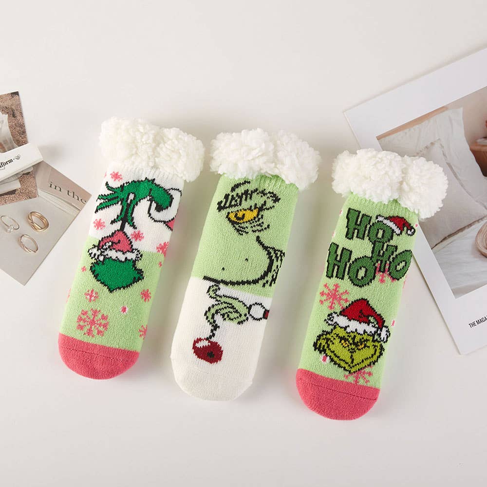 6Pairs - Kids Holiday Grinch Fuzzy Winter Socks Set