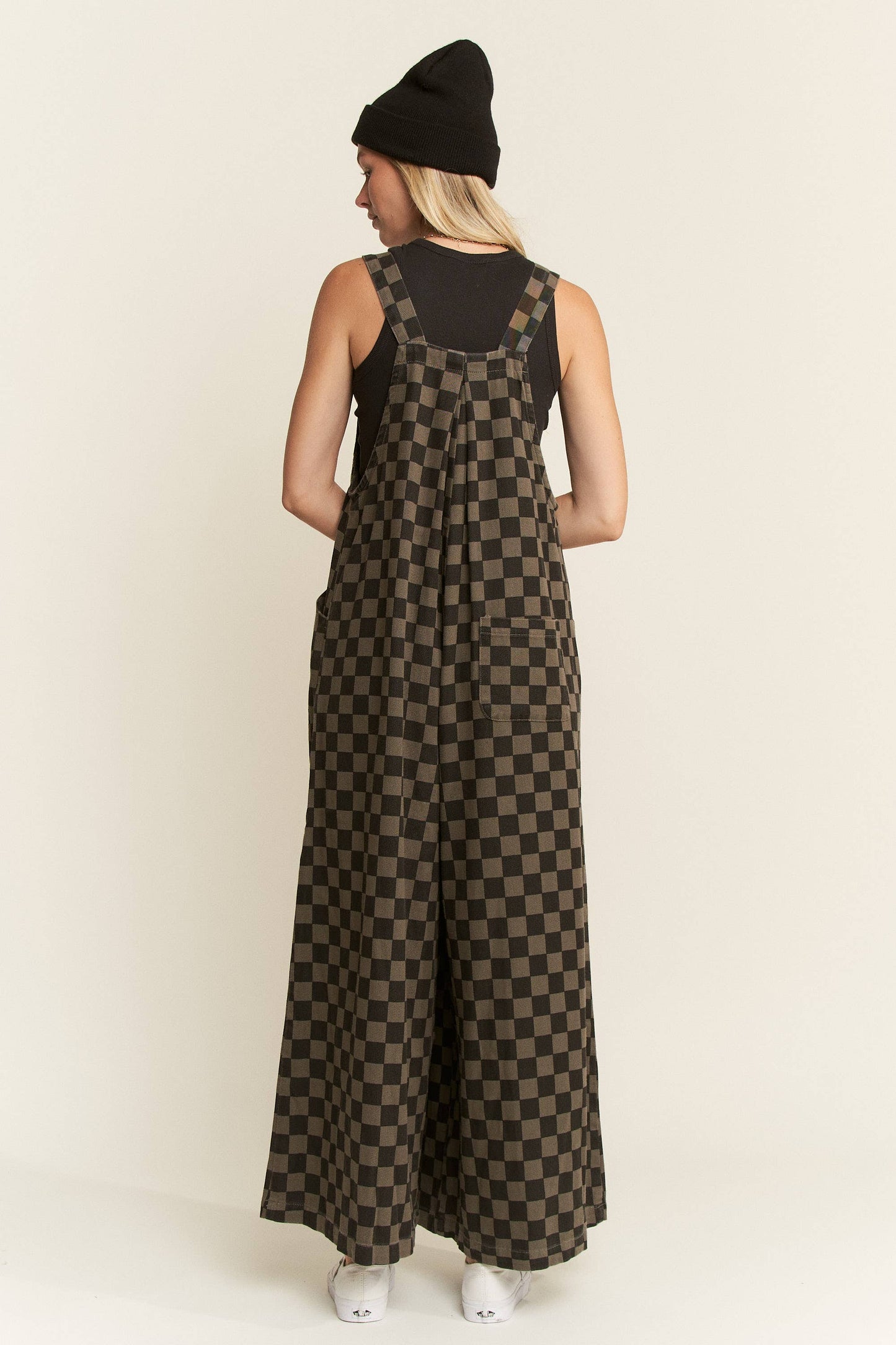CHECKERED WIDE LEG OVERALLS
