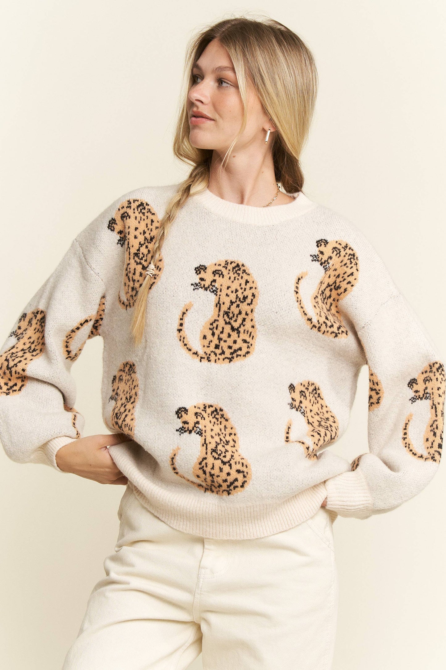 CHEETAH CONTRAST TRIM LONG SLEEVE SWEATER