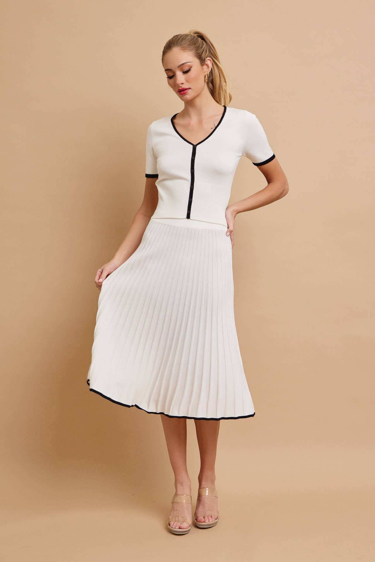 2A. Evadne Short Sleeve Top With Flare Skirt Set