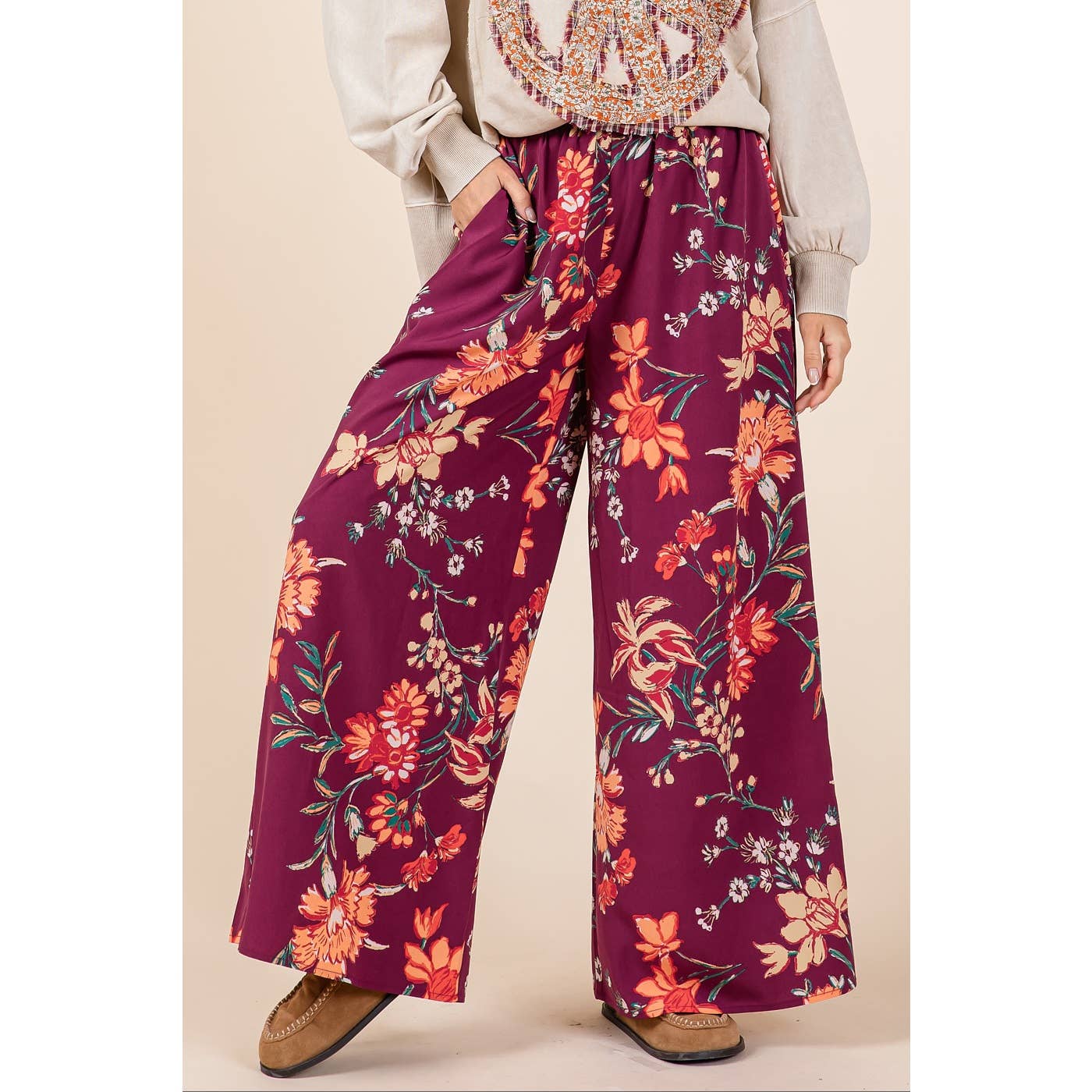 FLOWER PRINT ELASTIC WAIST MID RISE WIDE LEG PANTS