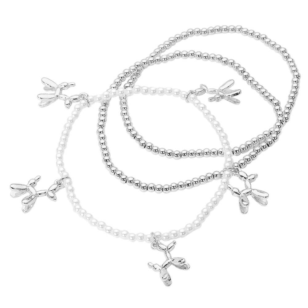 3PCS - Gold Dipped Balloon Dog Charm Metal Ball Pearl Beaded Stretch Multi Layered Bracelets