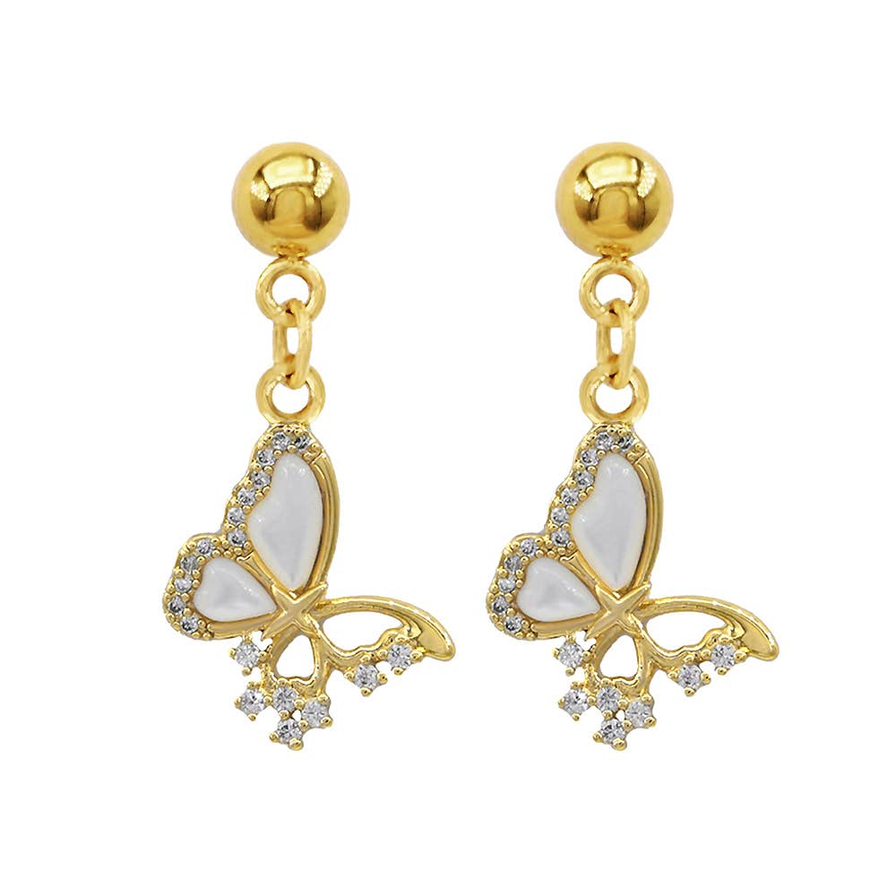 Stainless Steel CZ Stone Accent Mother of Pearl Butterfly Charm Dangle Earrings: Mother of Pearl,Silver