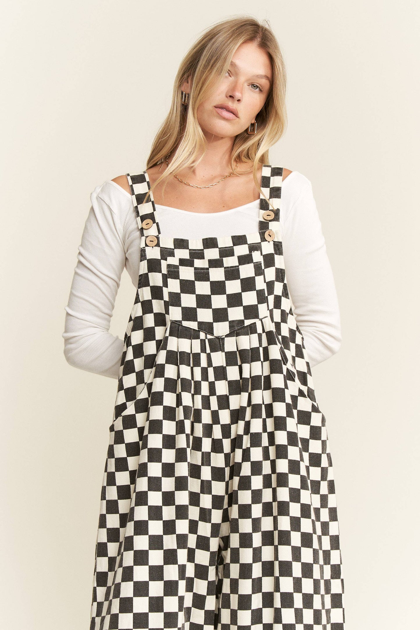 CHECKERED WIDE LEG OVERALLS