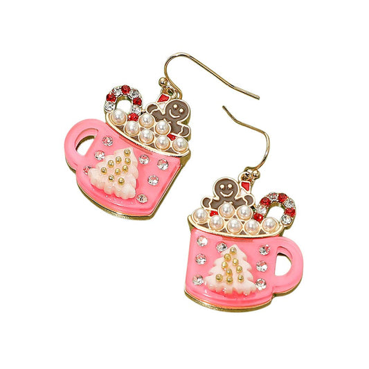 Gingerbread Man Pearl Bubble Holiday Cocoa Mug Dangle Earrings: Pink