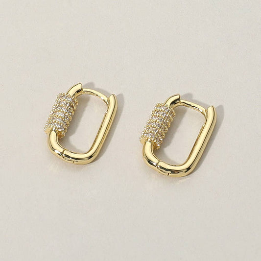 CZ Stone Paved Carabiner Huggie Hoop Earrings: Yellow Gold