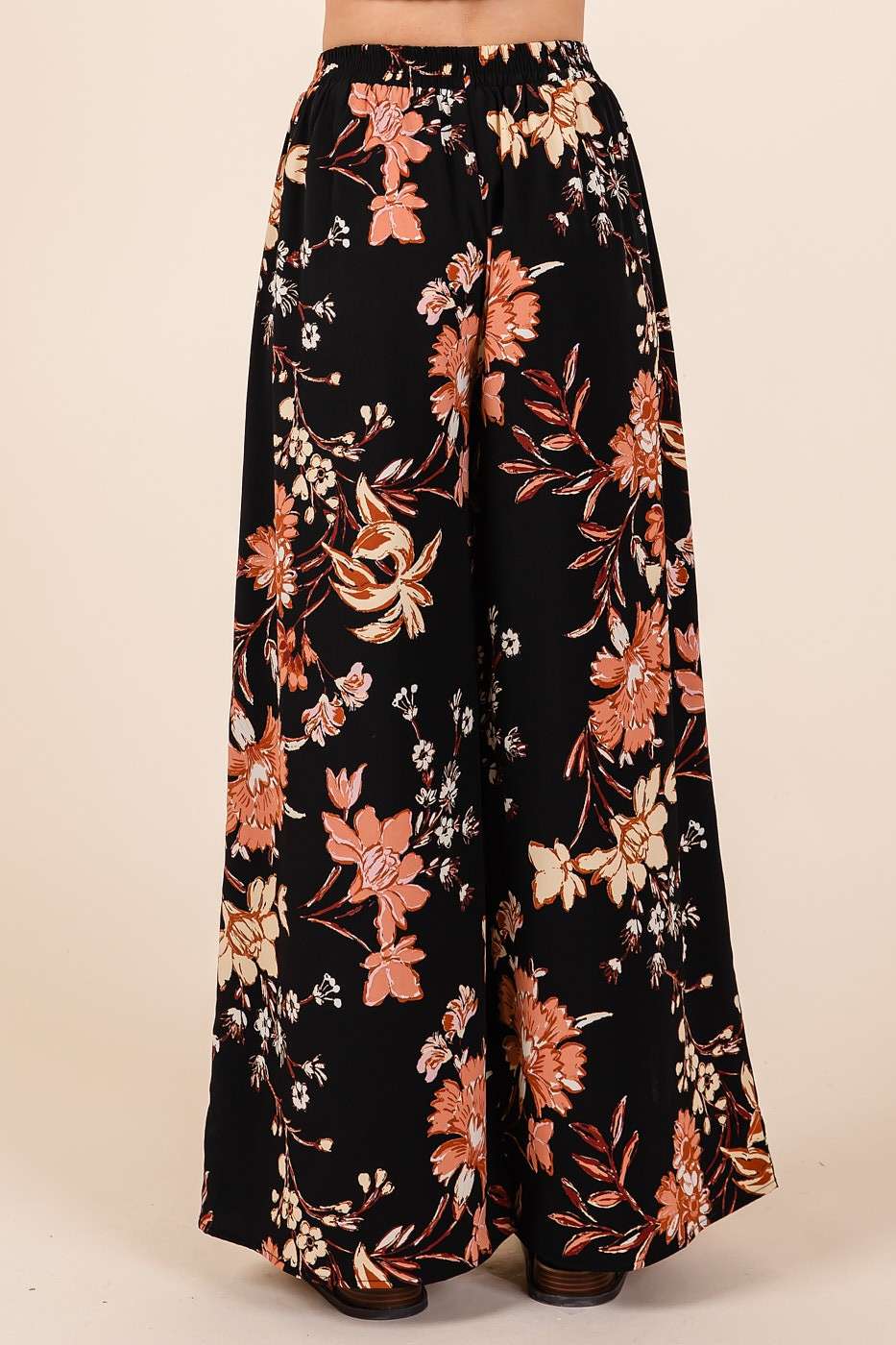 FLOWER PRINT ELASTIC WAIST MID RISE WIDE LEG PANTS